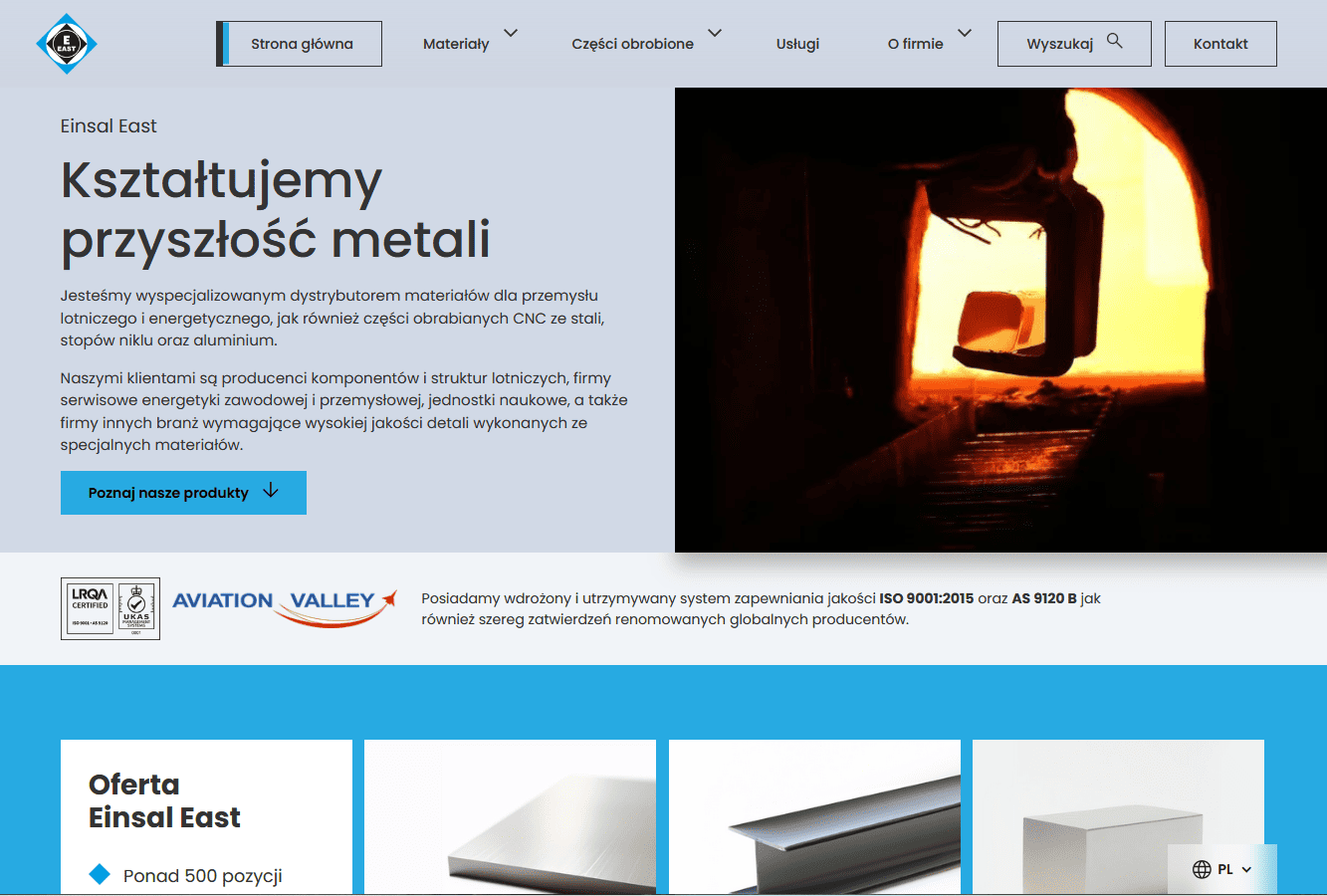 Zrzut ekranu strony Einsal East - sprzedawcy metali i części lotniczych